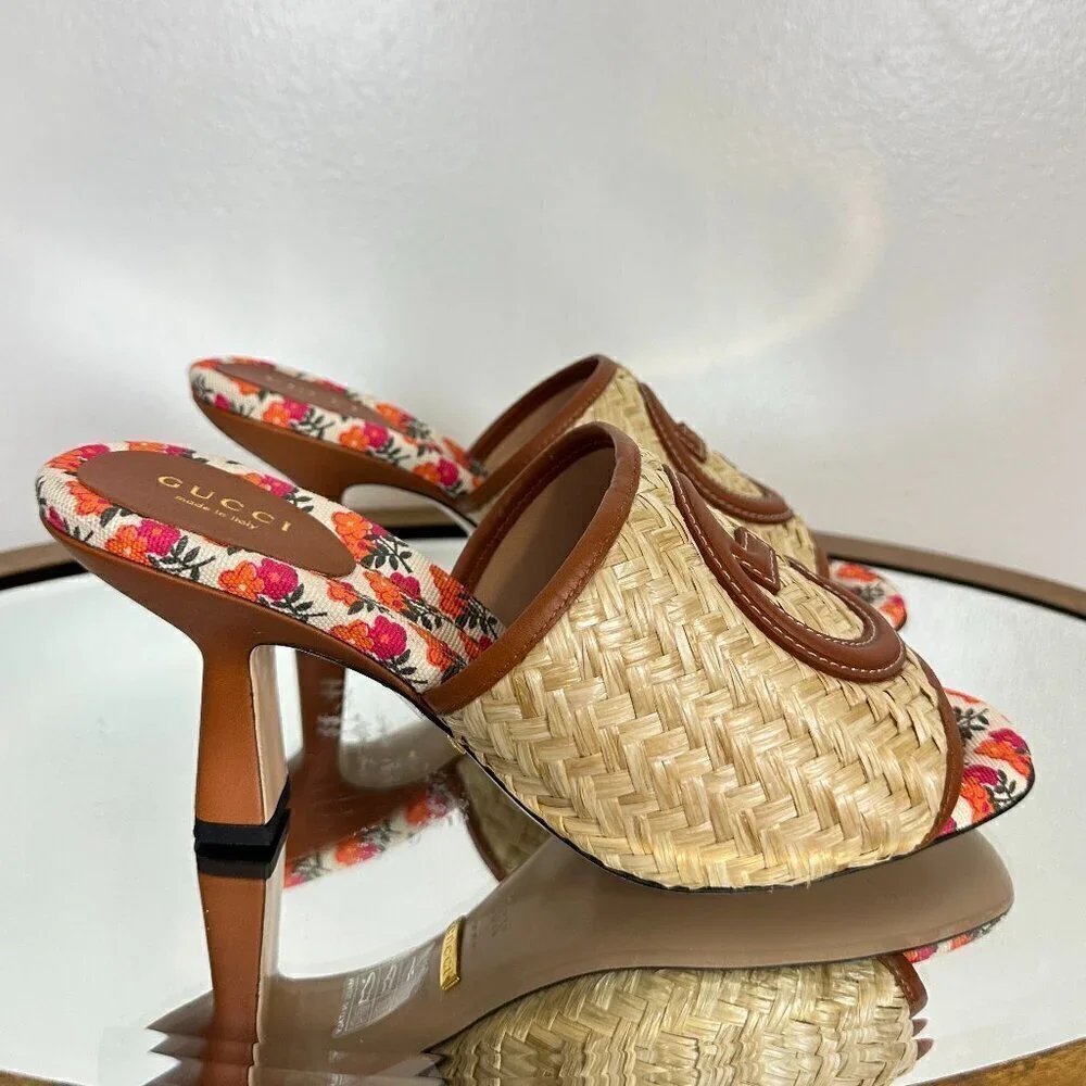 GUCCI Mabel Leather-trimmed Raffia Mules in Beige Size 8.5US / 38.5EU
